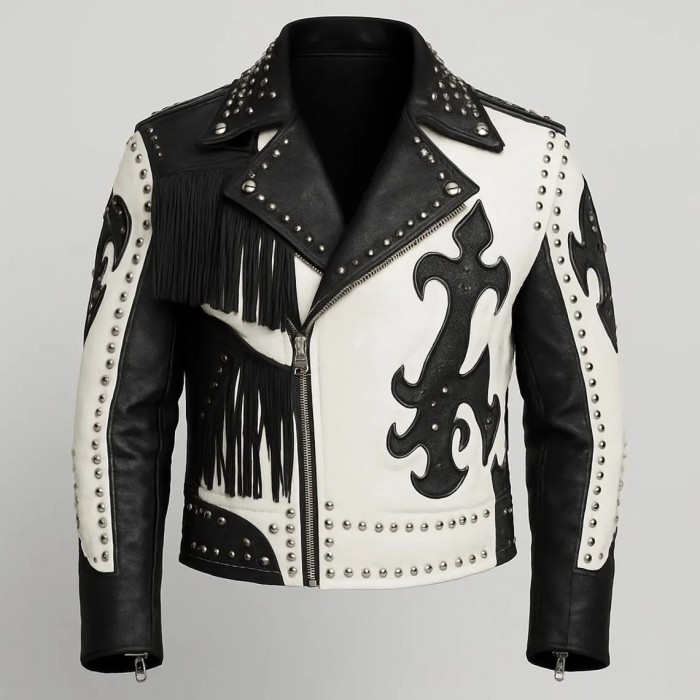 Men's Gothic Black & White Leather Biker Jacket – Studded Fringe
